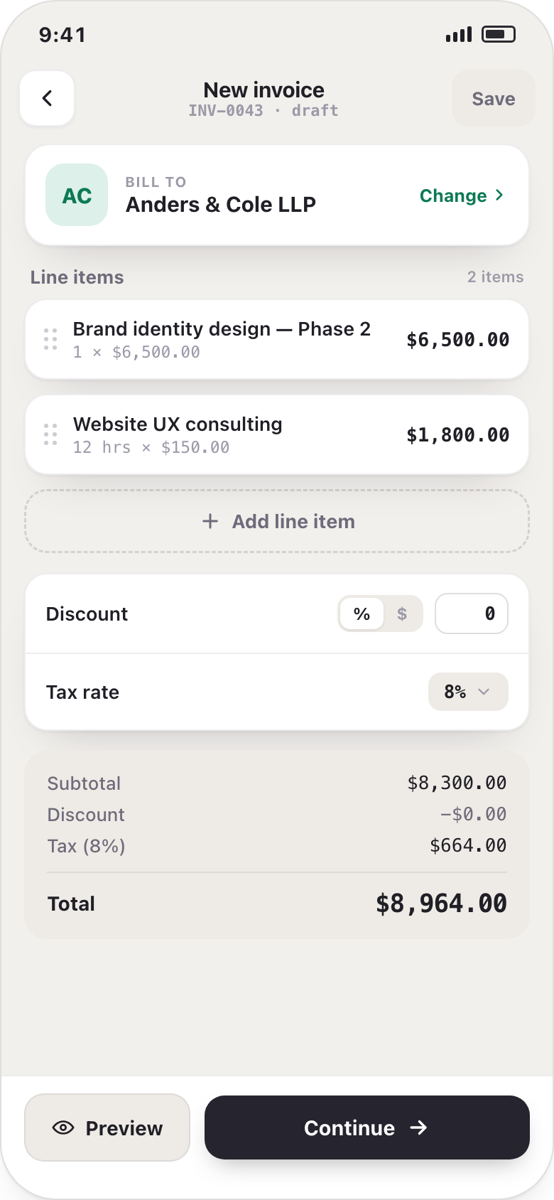 The invoice editor with line items and a running total