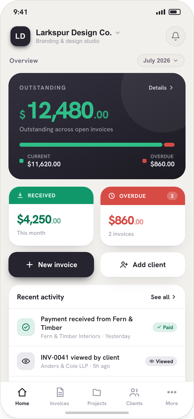 The home dashboard with outstanding, received and overdue totals