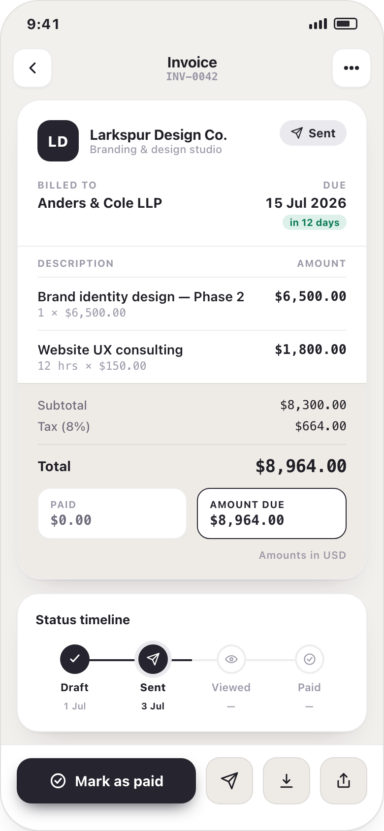 A project timeline showing proposal, contract and milestone invoices
